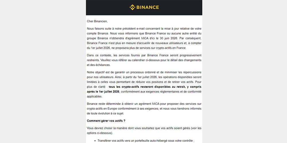 Email de Binance pour annoncer la fermeture de ses services en France